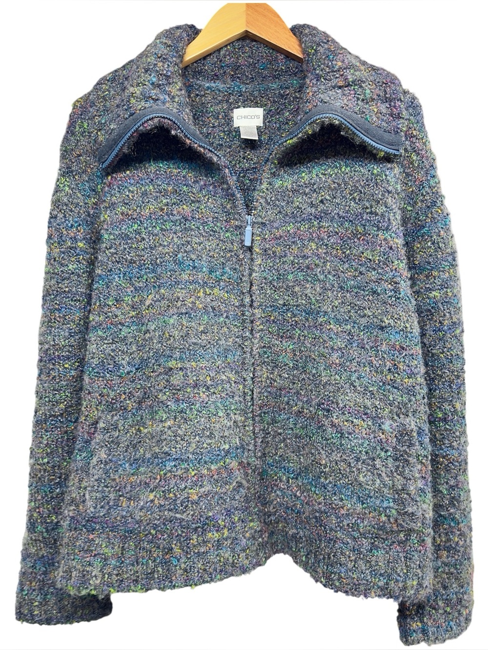 Vintage Chico’s 3 Blue Rainbow Fuzzy Zip Cardigan Jacket Size 16 1X Wool Mohair